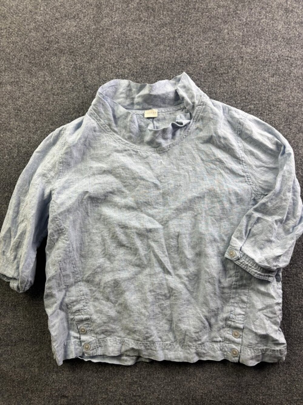 Poetry Blouse Womens 14 Blue 100% Linen Ruffle High Neck 3/4 Sleeve Top Pullover